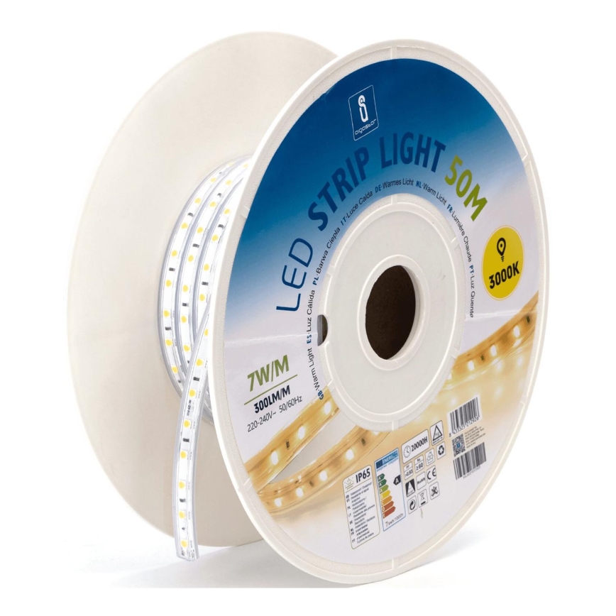 LED páska je navinutá na cievke. Páska má dĺžku 50 metrov, príkon 7W/m a svetelný tok 300 lm/m. Pracuje pri 220-240V, 50/60Hz a má farebnú teplotu 3000K. Stupeň krytia IP65.