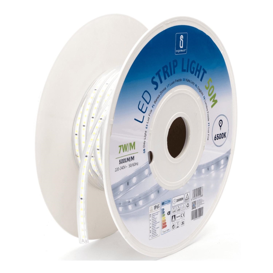 LED pásik svetla, navinutý na cievke, má dĺžku 50 metrov, príkon 7W/meter a svetelný tok 500 lúmenov/meter. Farba svetla je denná biela (6500K), napätie 220-240V, 50/60Hz, krytie IP65.