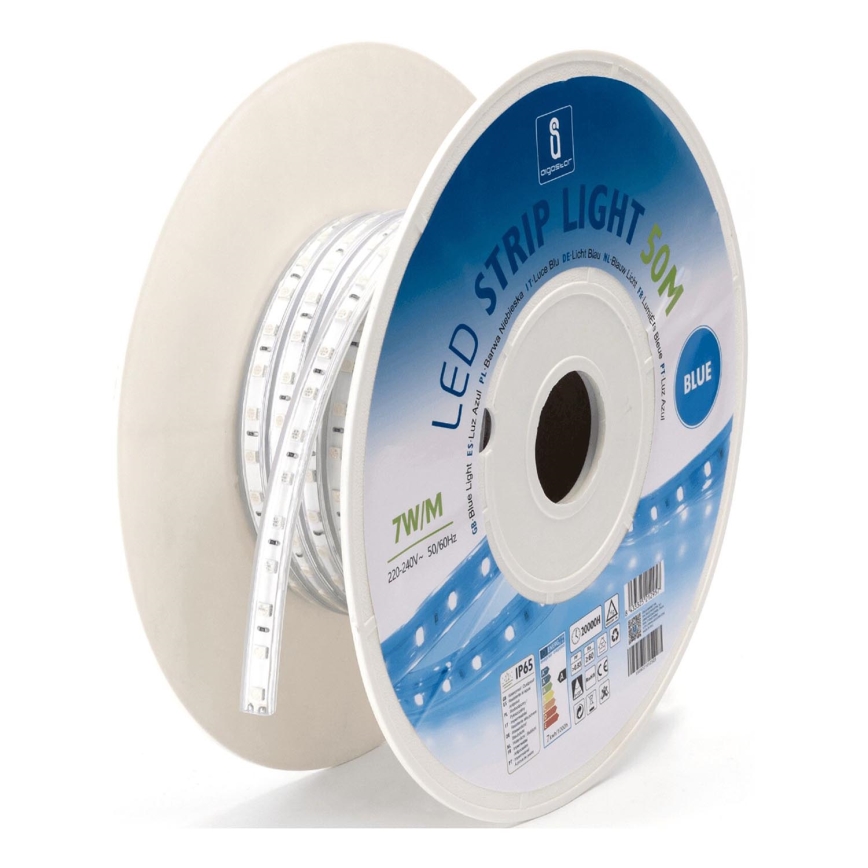 LED pásik svetla, modrej farby, je navinutý na cievke. Na cievke je uvedené: 7W/M, 220-240V~, 50/60Hz, LED STRIP LIGHT 50M, BLUE.