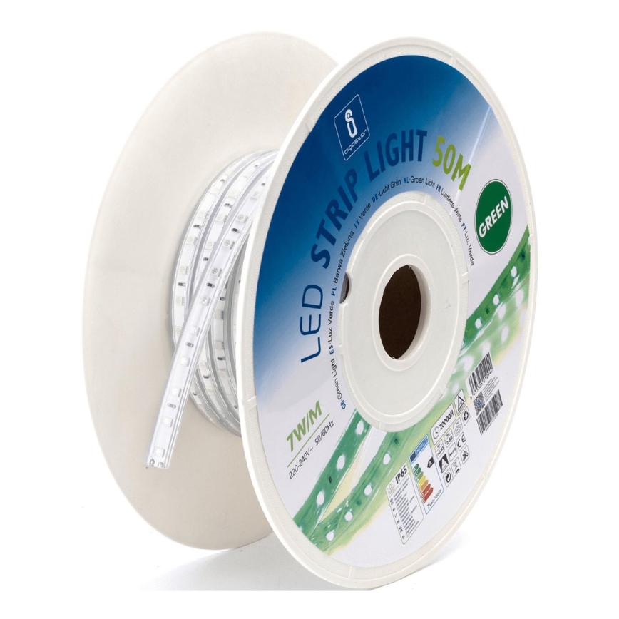 LED pásik zelenej farby, na cievke, je navinutý. Cievka má označenie: LED STRIP 50M, 7W/M, 220-240V~50/60Hz, IP65, GREEN.