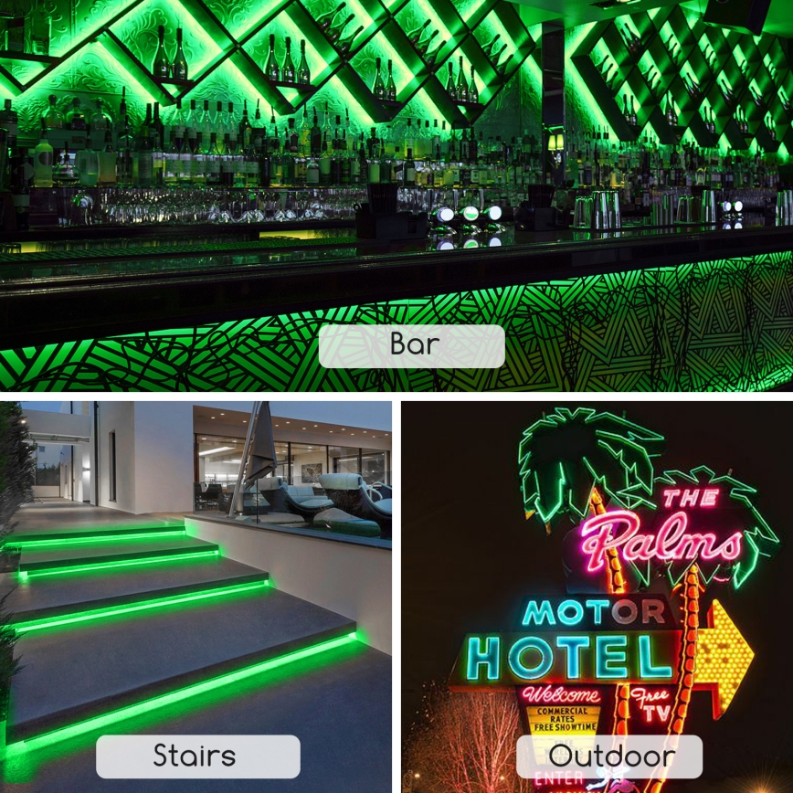 Bar s zeleným LED osvetlením, schody s LED osvetlením vonku a neonová vývesná tabuľa The Palms Motor Hotel s informáciami Welcome, Commercial Rates, Free Showtime, Free TV.