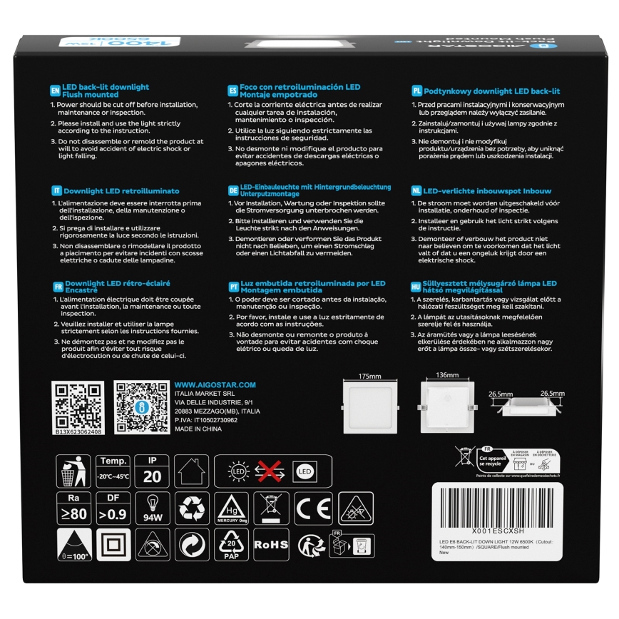 Aigostar - LED Podhľadové svietidlo LED/12W/230V 6500K 17,5x17,5 cm biela