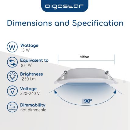 Aigostar - LED Kúpeľňové podhľadové svietidlo LED/15W/230V 4000K IP44 pr. 14,5 cm biela