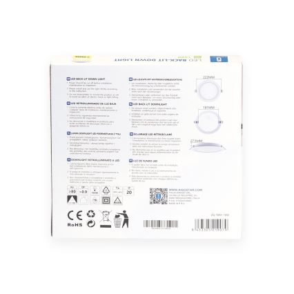 Krabica LED podsvietenia. Obsahuje inštrukcie v niekoľkých jazykoch, rozmery a technické údaje. Na obale je znázornené samotné LED svetlo.