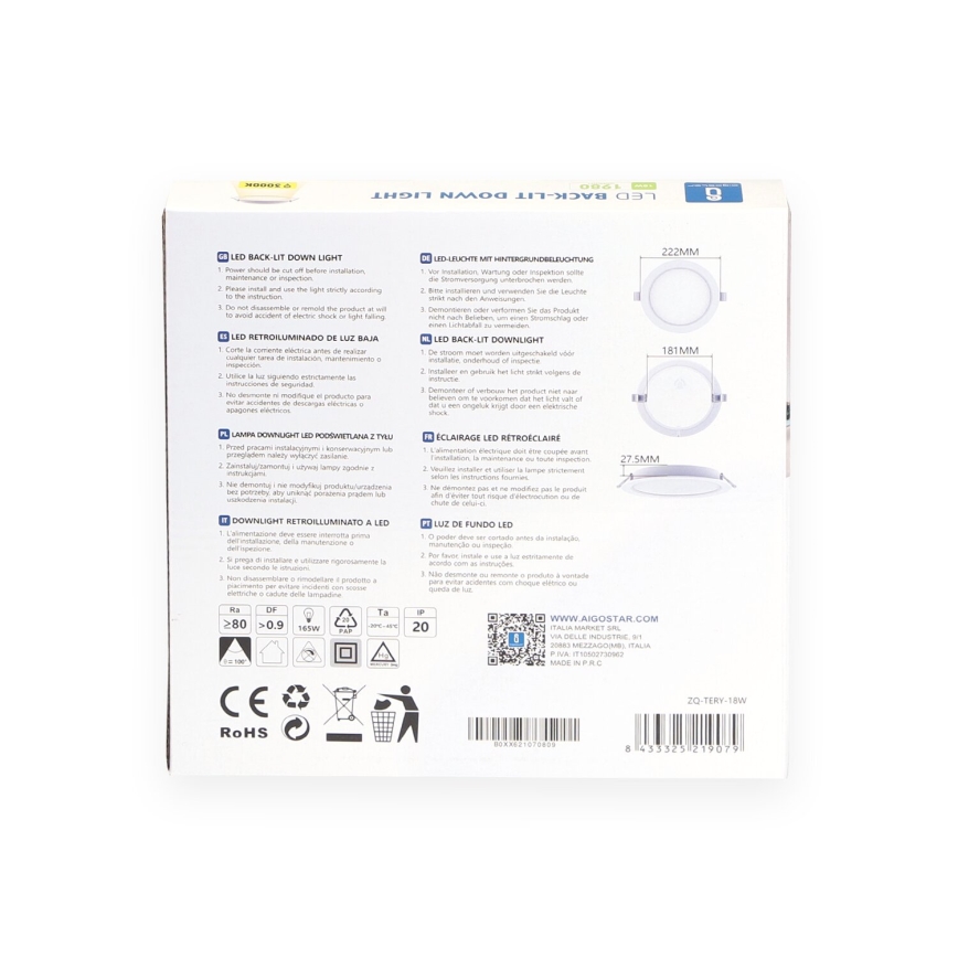 Krabica LED podsvietenia. Obsahuje inštrukcie v niekoľkých jazykoch, rozmery a technické údaje. Na obale je znázornené samotné LED svetlo.