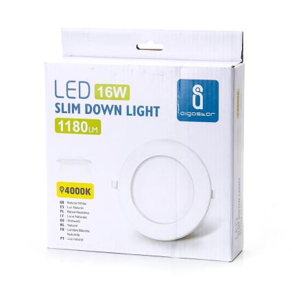 LED diódové svetlo, 16W, 1180lm, 4000K, je zabalené v kartónovej krabici. Krabica zobrazuje svetlo a text v rôznych jazykoch, označujúci jeho vlastnosti a farbu svetla (napr. Natural White, Luz Natural).