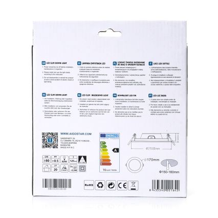 Balenie LED svietidla: zadná strana ukazuje rozmery (Ø170mm, Ø150-160mm, 8170,00mm), technické údaje (8,5W, 125lm, IP20, 12,500h) a energetickú triedu A+. Obsahuje inštrukcie v niekoľkých jazykoch.