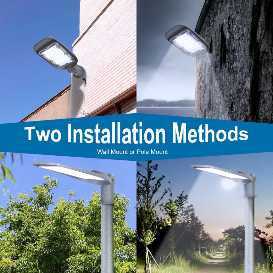 Vonkajšie LED svietidlo sa montuje na stenu alebo stĺp. Na obrázku sú zobrazené dve metódy inštalácie: nástenná a stĺpiková. Text: „Two Installation Methods. Wall Mount or Pole Mount.“