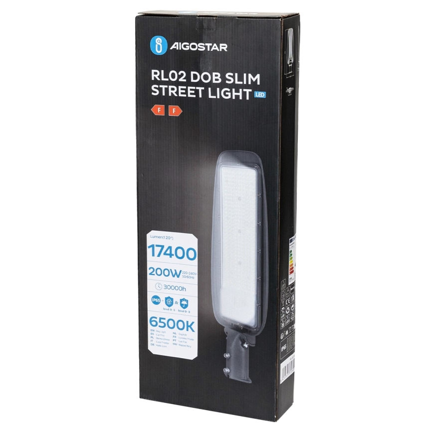 LED pouličné svietidlo RL02 DOB SLIM je zobrazené v balení. Balenie uvádza technické parametre: 17400 lúmenov, 200 W, 30000 hodín, 6500 K.