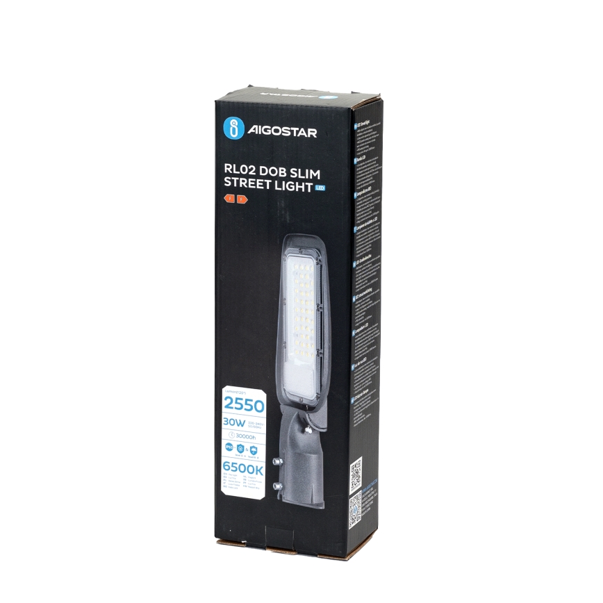 LED pouličné svietidlo RL02 DOB SLIM v krabici. Svietidlo je sivé, s integrovanými LED diódami. Krabica je čierna s bielym a oranžovým textom: AIGOSTAR, RL02 DOB SLIM STREET LIGHT, 2550, 30W, 6500K.