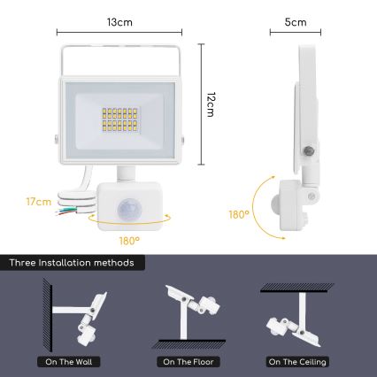 Aigostar - LED Reflektor so senzorom LED/20W/230V 4000K IP65 biela