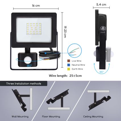 Aigostar - LED Reflektor so senzorom LED/20W/230V 6400K IP65 čierna