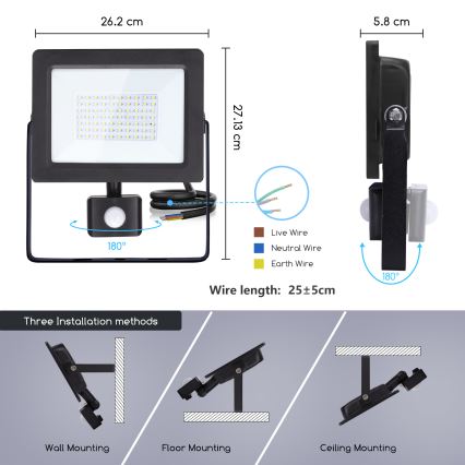 Aigostar - LED Reflektor so senzorom LED/50W/230V 6400K IP65 čierna