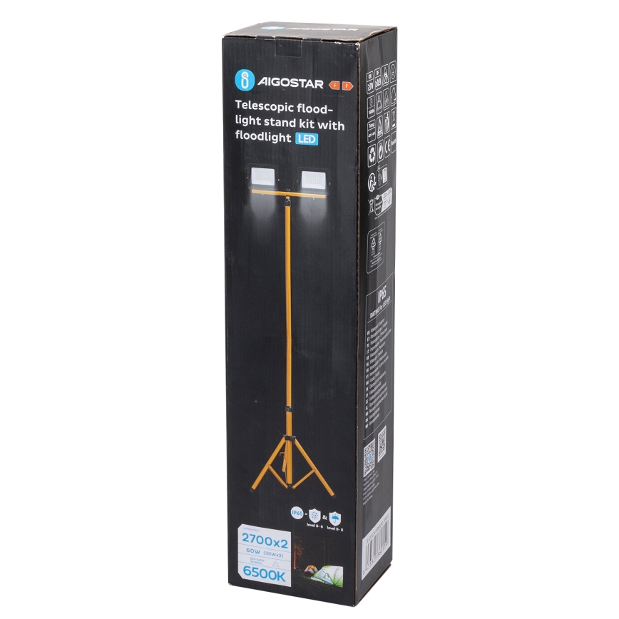 Aigostar - LED reflektor so stojanom 2xLED/30W/230V 6500K IP65 oranžová/čierna