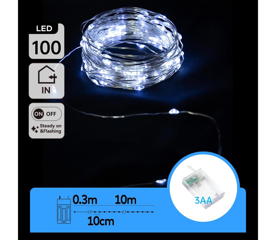 B.V. - LED reťaz 100xLED/3xAA 10,3m studená biela B10303KP2