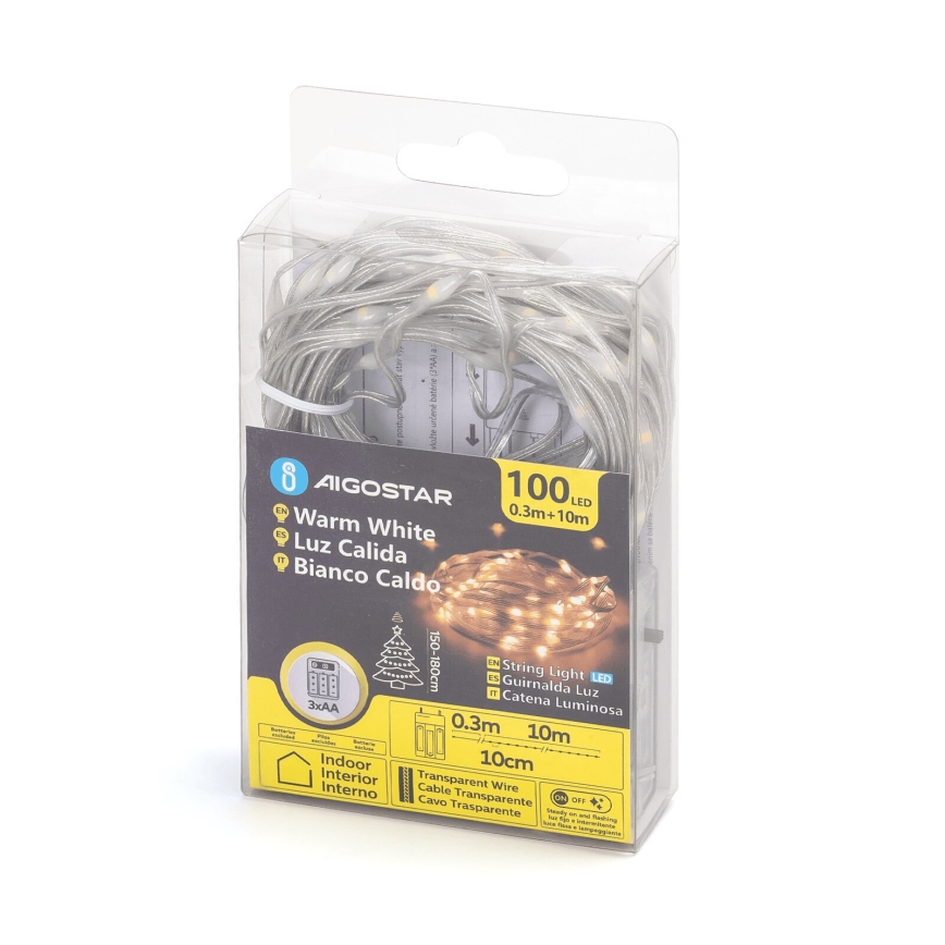 Svetlá s 100 LED diódami v teplej bielej farbe, zabalené v priehľadnom plastovom obale. Dĺžka svetiel je 10 metrov, s transparentným káblom. Balenie obsahuje informácie o produkte v rôznych jazykoch.