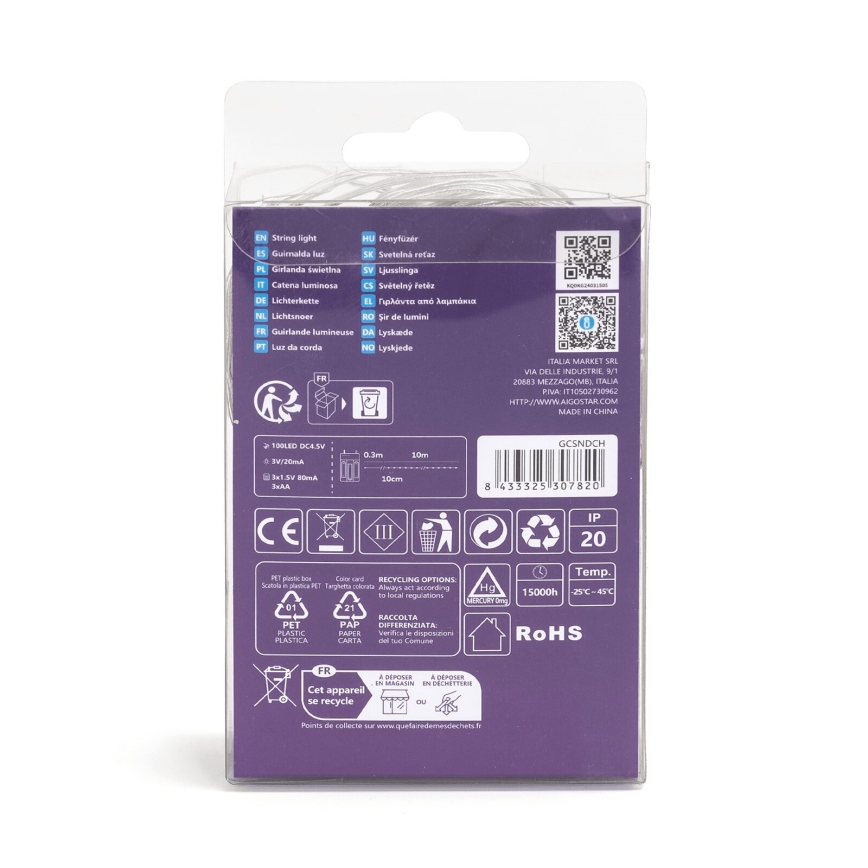 Svetelný reťazec v priehľadnom plastovom obale. Balenie obsahuje informácie o produkte a recyklácii, vrátane kódu GCSNDCH.