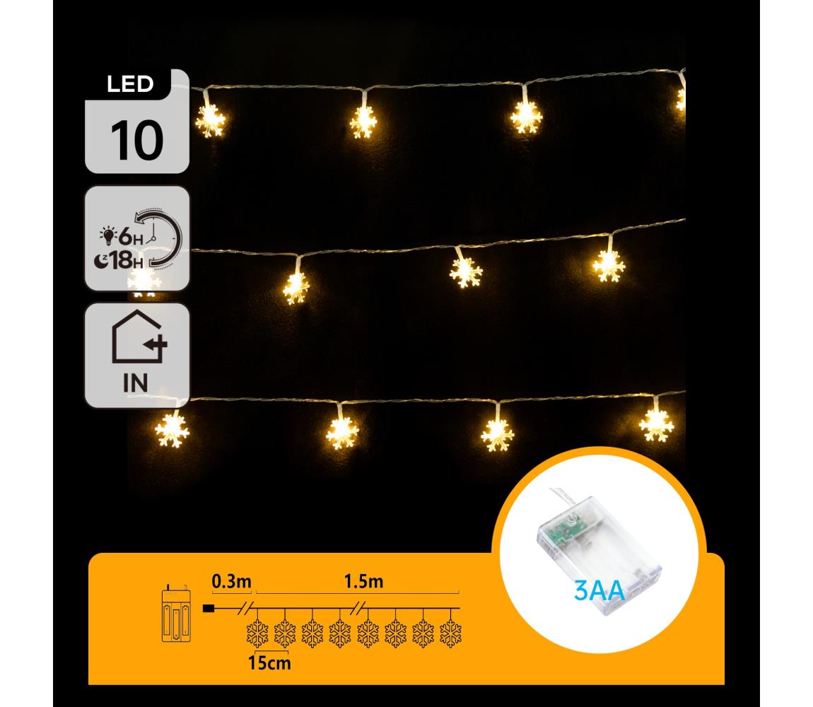 B.V.  - LED reťaz 10×LED/3×AA, 1,5 m, teplá biela, snehové vločky B10303Q6R
