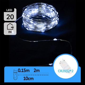 Aigostar - LED  reťaz 20xLED/2x3V 2m studená biela