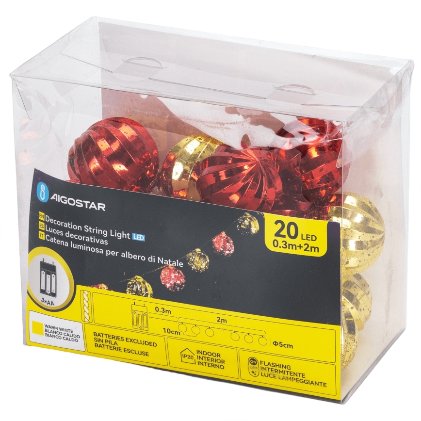 Aigostar - LED svetelný reťazec 20×LED/3×AA, 2 m, teplá biela