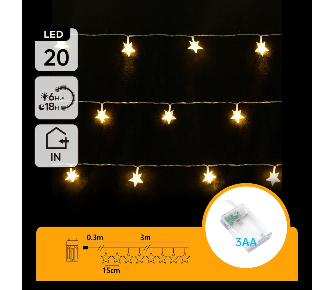 B.V. - LED reťaz 20xLED/3xAA 3,3 m hviezdy B10303Q75