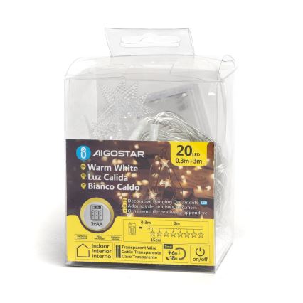 Svetlá s 20 LED diódami v balení, teplej bielej farby, s dĺžkou 3 metre, s transparentným káblom. Balenie obsahuje batériový box a je určené na vnútorné použitie.
