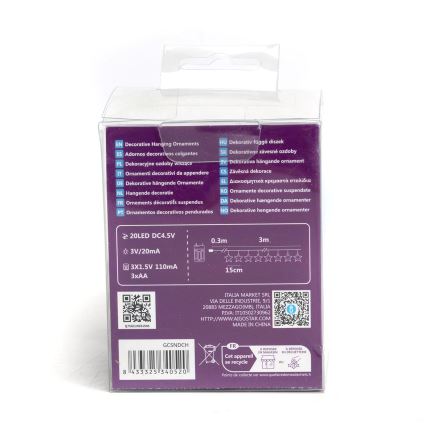 Balenie dekoračných svetielok na zavesenie. Obsahuje 20 LED diód, napájanie 3xAA batériami, dĺžku 3 metre a rozostup 15 cm medzi jednotlivými diódami. Balenie obsahuje aj QR kódy a informácie o výrobcovi.