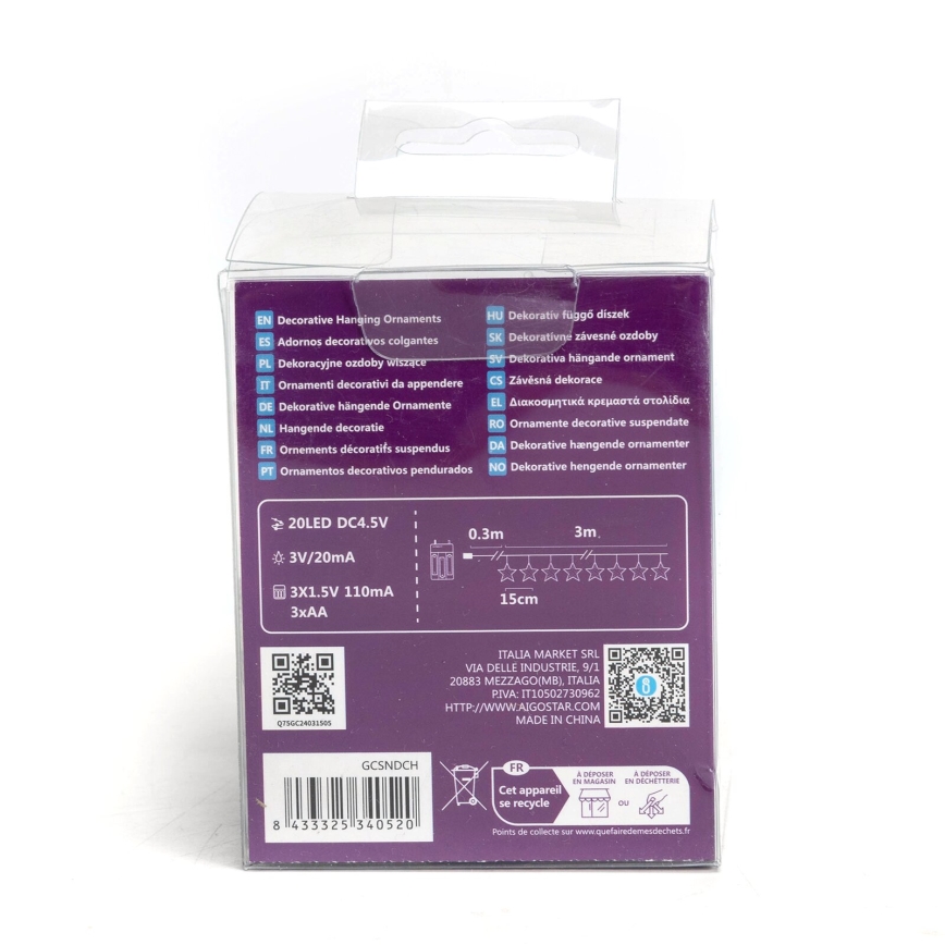 Balenie dekoračných svetielok na zavesenie. Obsahuje 20 LED diód, napájanie 3xAA batériami, dĺžku 3 metre a rozostup 15 cm medzi jednotlivými diódami. Balenie obsahuje aj QR kódy a informácie o výrobcovi.
