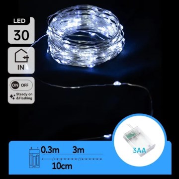 Aigostar - LED reťaz 30× LED / 3× AA, 3,3 m, studená biela