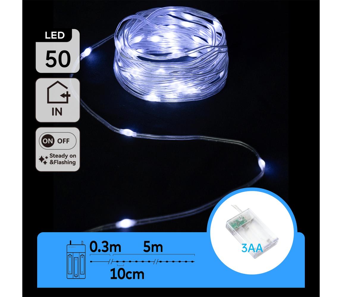B.V.  - LED  reťaz 50xLED/3xAA 5,3m studená biela B10303KQ3