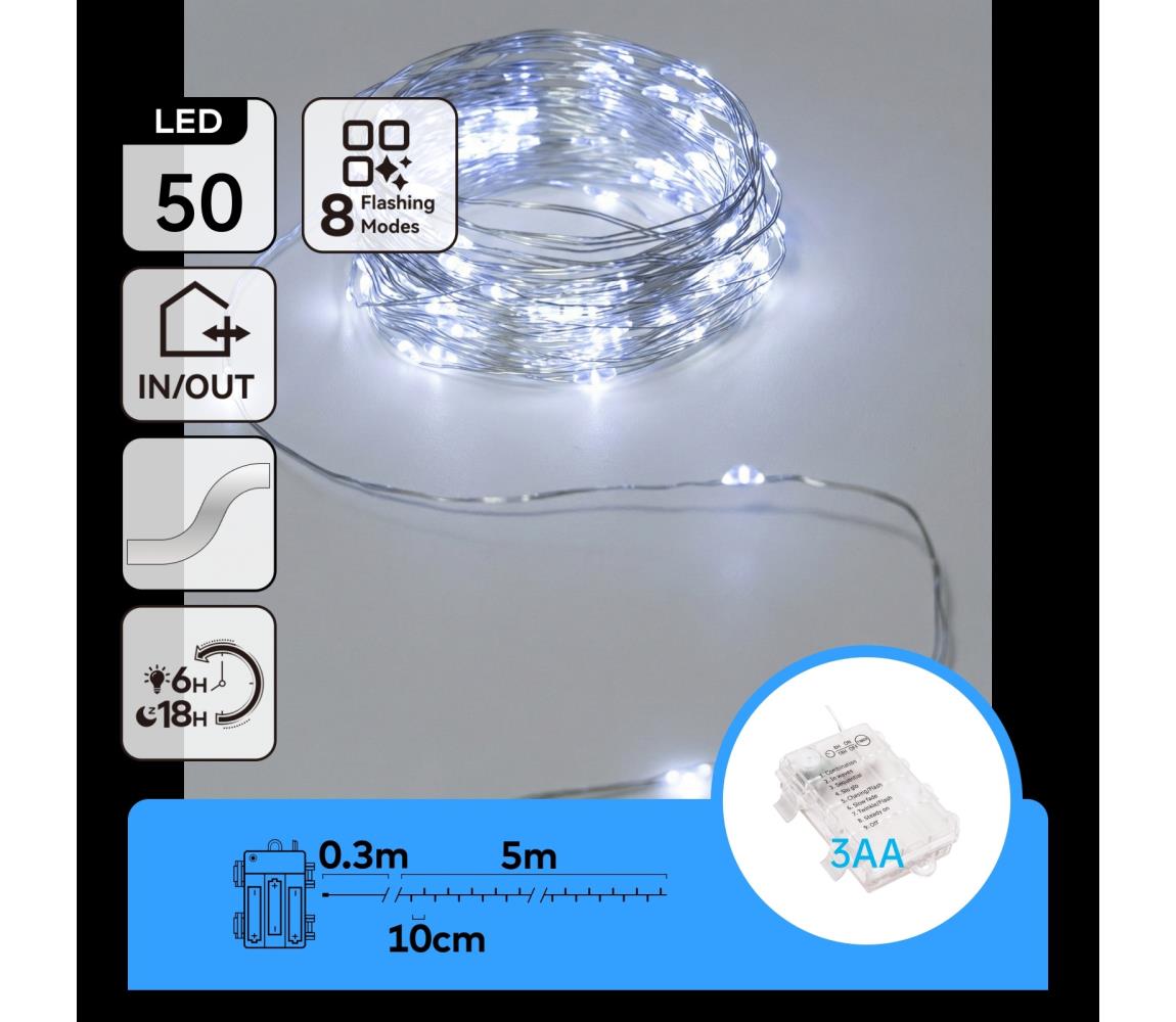 B.V.  - LED reťaz 50xLED/3xAA 5,3m studená biela B10303K1C
