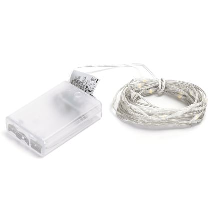 Svietiace LED diódy na tenkom drôte sú stočené do kruhu. Pripojený je k priehľadnému plastovému batériovému puzdru. Na puzdre je malý štítok s popisom.