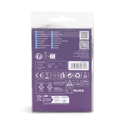 Balenie LED svetelného reťazca. Obsahuje informácie o recyklácii a technické parametre: 3V/20mA, 0,3m - 5m, 15000h. Vyrobené v Číne.