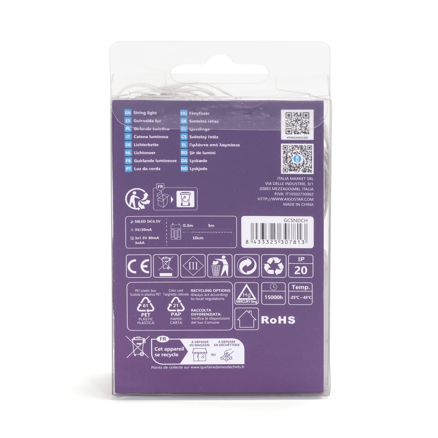 Balenie LED svetelného reťazca. Obsahuje informácie o recyklácii a technické parametre: 3V/20mA, 0,3m - 5m, 15000h. Vyrobené v Číne.