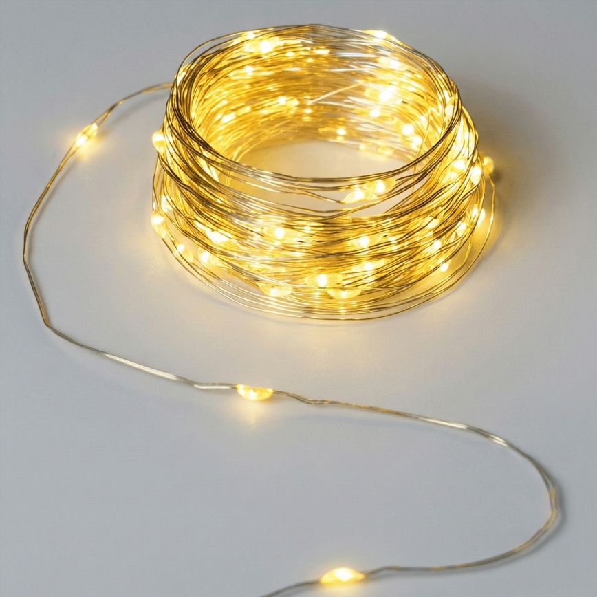 Aigostar - Vonkajší LED svetelný reťazec, 50 LED, 8 funkcií, napájanie 3× AA, dĺžka 5,3 m, teplá biela