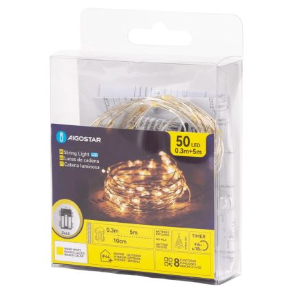 Aigostar - Vonkajší LED svetelný reťazec, 50 LED, 8 funkcií, napájanie 3× AA, dĺžka 5,3 m, teplá biela