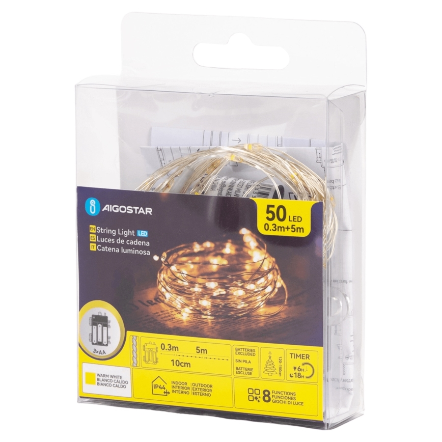 Aigostar - Vonkajší LED svetelný reťazec, 50 LED, 8 funkcií, napájanie 3× AA, dĺžka 5,3 m, teplá biela