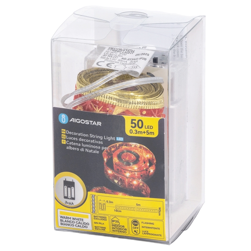 Aigostar - LED reťaz 50xLED/3xAA 5m teplá biela červená