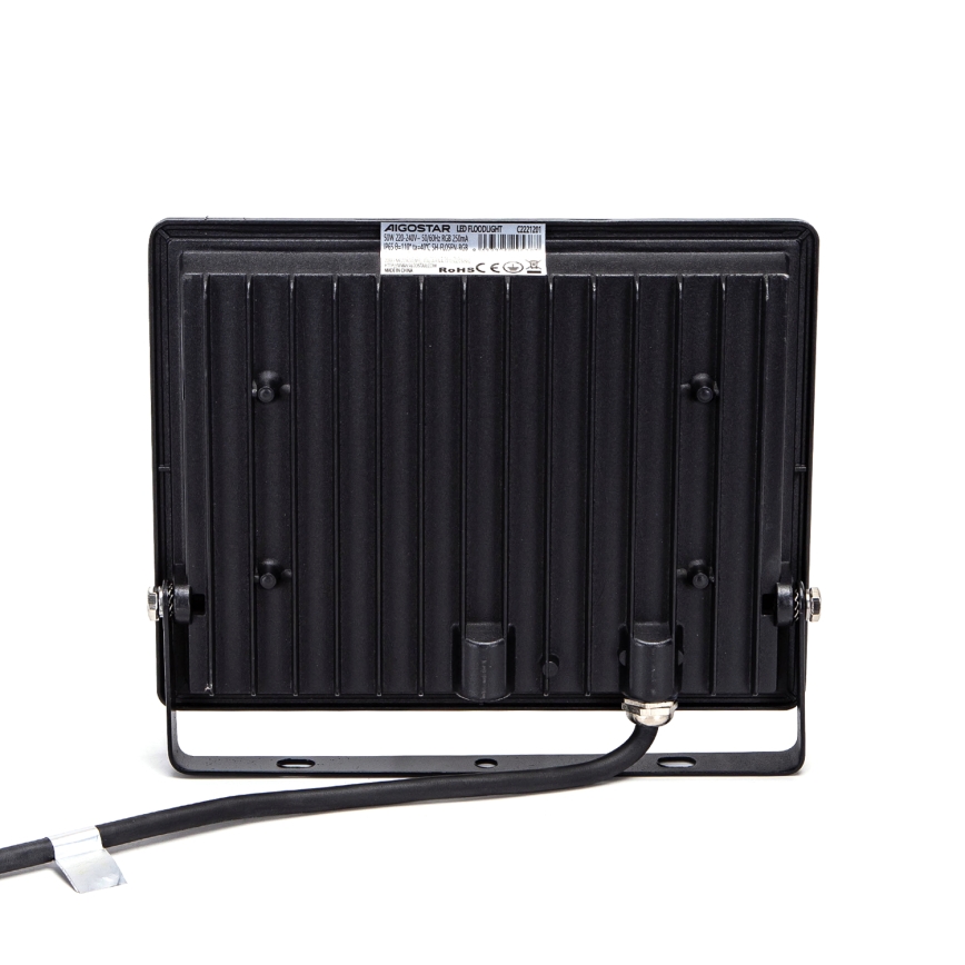 Čierne LED svietidlo s pripojeným káblom je umiestnené na bielom pozadí. Na zadnej strane je nápis: AICOSTAR LED Flood Light, 30W, IP65, 3000K-6500K, 220-240V, 50/60Hz, RoHS CE.