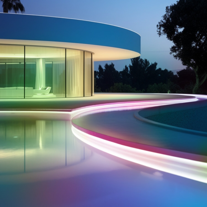 Moderná budova s veľkými oknami sa nachádza pri osvetlenom bazéne. Svetlá vytvárajú farebné odrazy vo vode. Okolie tvorí tmavšia vegetácia.