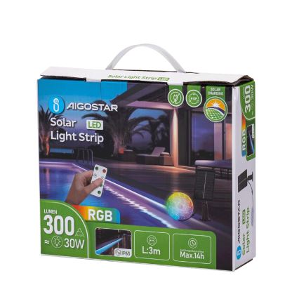 Balenie solárneho LED pásika AIGOSTAR s dĺžkou 3 metre, výkonom 30W a svetelným výkonom 300 lúmenov, RGB prevedenie, ovládané diaľkovým ovládačom. Balenie zobrazuje inštaláciu pri bazéne s solárnym panelom.