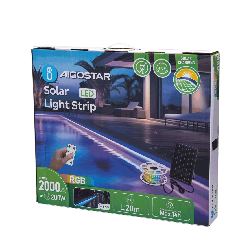 Aigostar - LED RGB Stmievateľný solárny pásik LED/20W/3,2V 20 m IP65 20000 mAh + diaľkové ovládanie