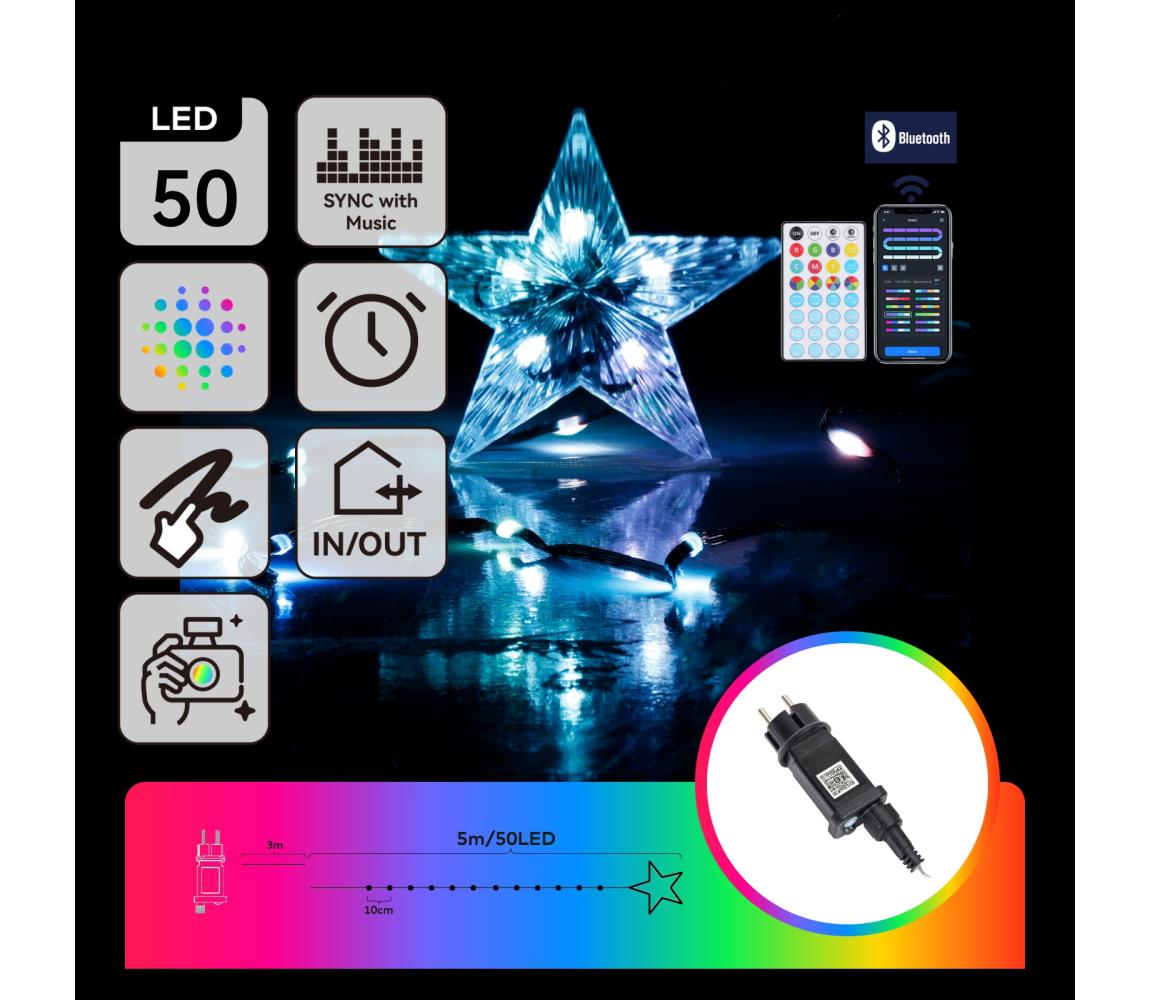 B.V. - LED RGBICW Vonkajší svetelný reťazec 50xLED/10W/230V 5m IP44 + DO S104033VM