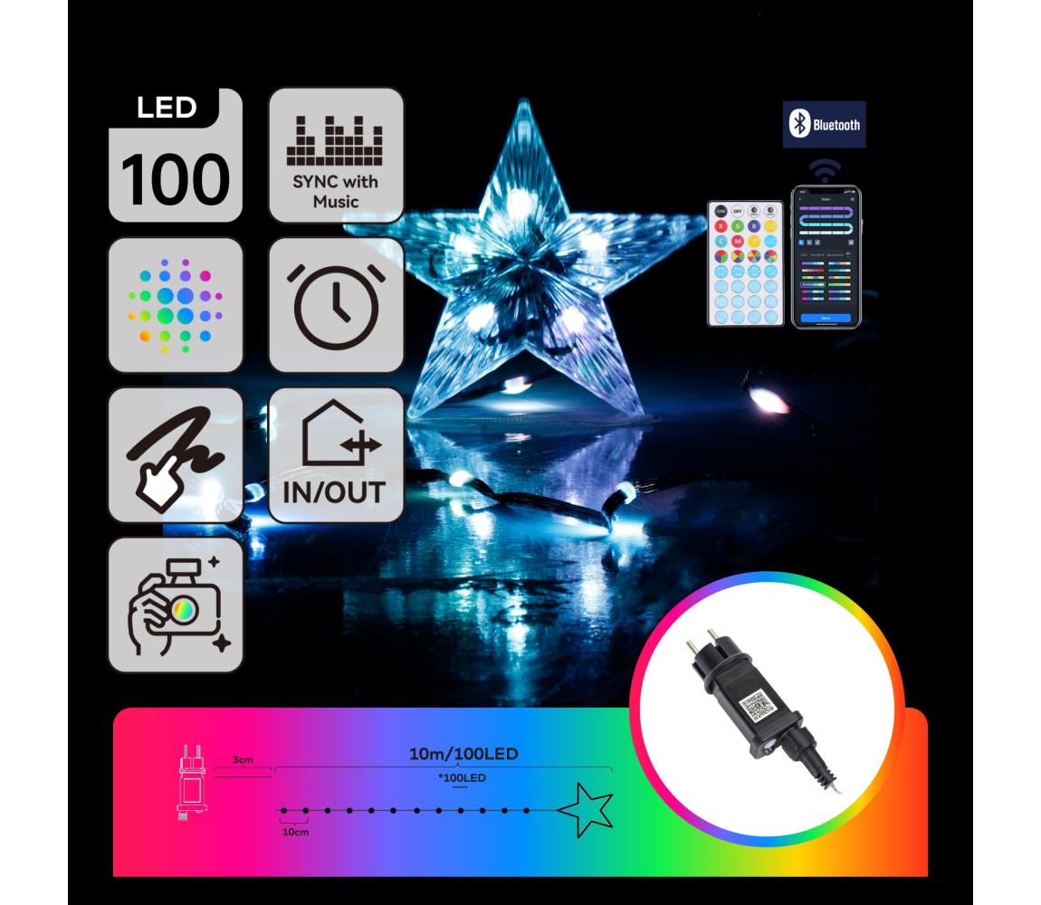 B.V. - LED RGBICW Vonkajšia svetelná reťaz 100xLED/10W/230V 10m IP44 + DO S104033VN
