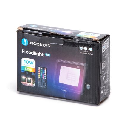 Balenie LED reflektora AIGOSTAR s diaľkovým ovládaním. Reflektor je 10W RGB, s napätím 220-240V, 50/60Hz. Balenie obsahuje návod a je označené IP65.