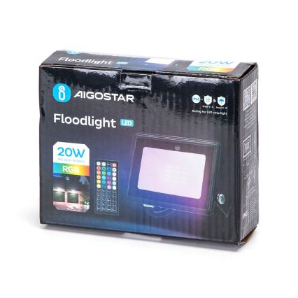 LED svetlomet AIGOSTAR s diaľkovým ovládaním v krabici. Svetlomet je 20W RGB, napájanie 220-240V, 50/60Hz. Krabica obsahuje informácie o stupni krytia IP65.