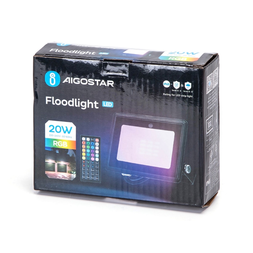 LED svetlomet AIGOSTAR s diaľkovým ovládaním v krabici. Svetlomet je 20W RGB, napájanie 220-240V, 50/60Hz. Krabica obsahuje informácie o stupni krytia IP65.