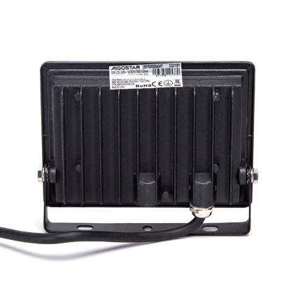Čierny LED reflektor s pripojeným káblom je zobrazený zo zadnej strany. Na zadnej strane je viditeľný štítok s údajmi: AIGOSTAR LED FLOODLIGHT C2221201, 30W 220-240V-50/60Hz RGB 150mA, MADE IN CHINA, RoHS CE. Reflektor je umiestnený na bielom pozadí.
