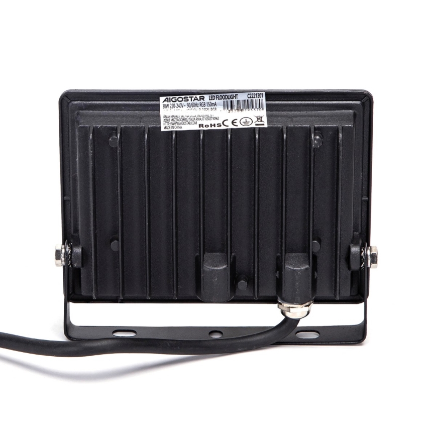 Čierny LED reflektor s pripojeným káblom je zobrazený zo zadnej strany. Na zadnej strane je viditeľný štítok s údajmi: AIGOSTAR LED FLOODLIGHT C2221201, 30W 220-240V-50/60Hz RGB 150mA, MADE IN CHINA, RoHS CE. Reflektor je umiestnený na bielom pozadí.