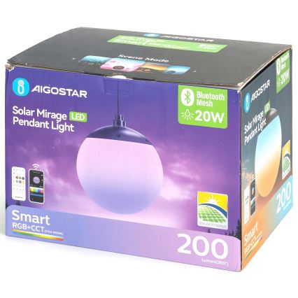 Guľové LED svietidlo visí z krabice. Svietidlo je ovládanie smartfónom, má 20W a 200 lúmenov. Krabica ukazuje rôzne svetelné režimy.